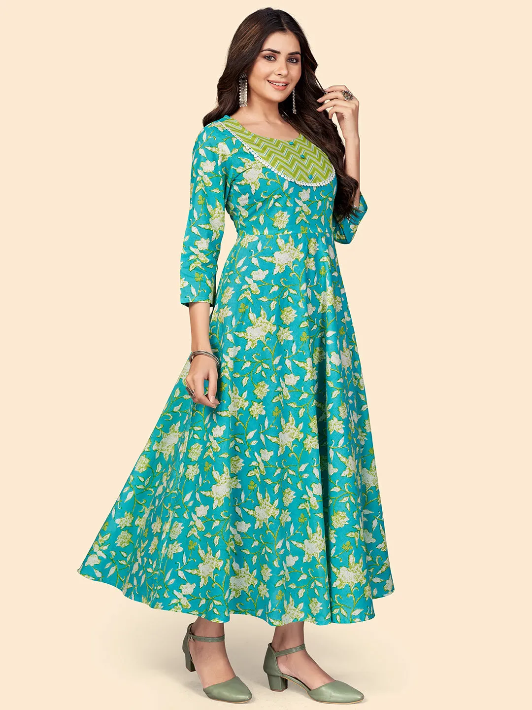 Women'S Floral Print Anarkali Cotton Turquoise Stitched Kurta