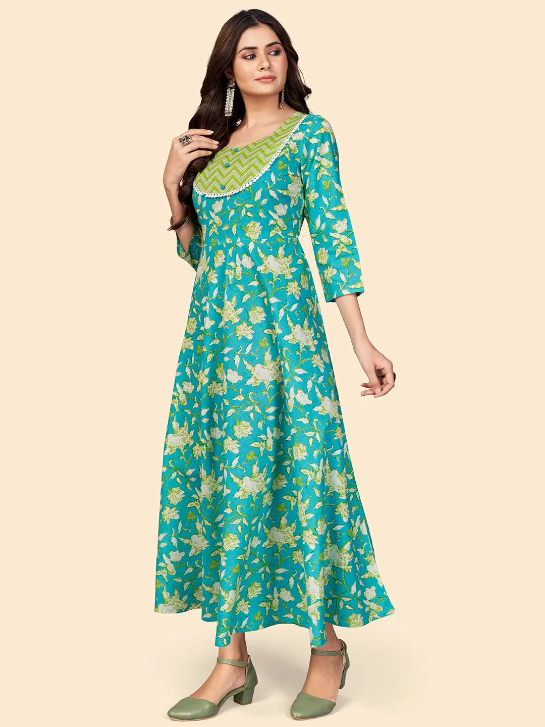 Women'S Floral Print Anarkali Cotton Turquoise Stitched Kurta