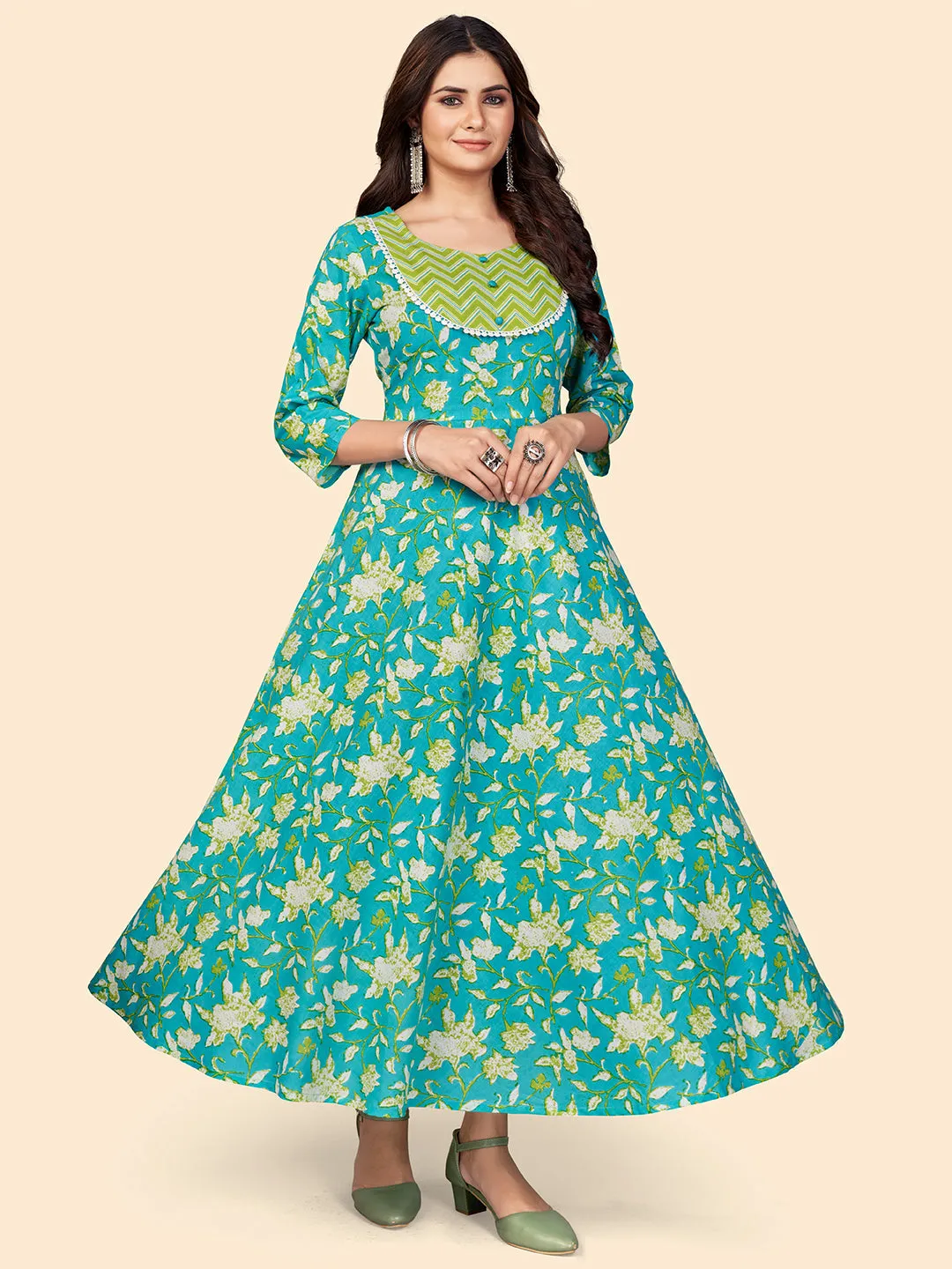 Women'S Floral Print Anarkali Cotton Turquoise Stitched Kurta