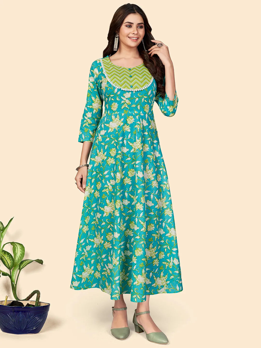 Women'S Floral Print Anarkali Cotton Turquoise Stitched Kurta