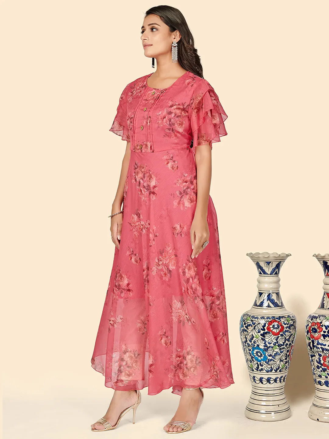 Women'S Floral Print Anarkali Georgette Pink Stitched Kurta