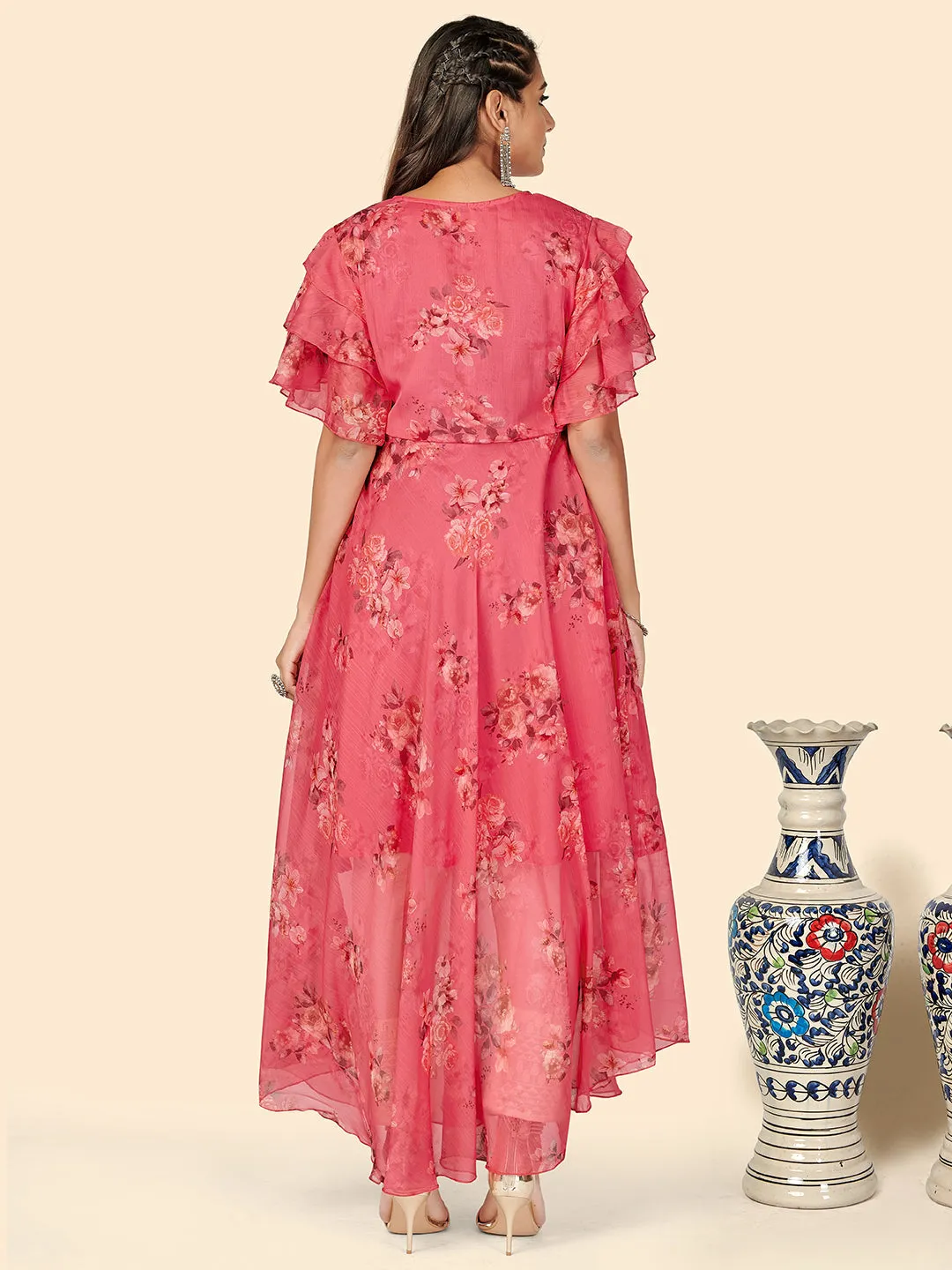 Women'S Floral Print Anarkali Georgette Pink Stitched Kurta