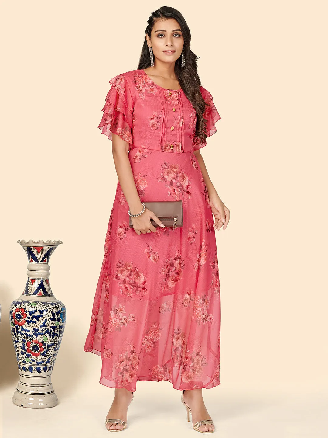 Women'S Floral Print Anarkali Georgette Pink Stitched Kurta