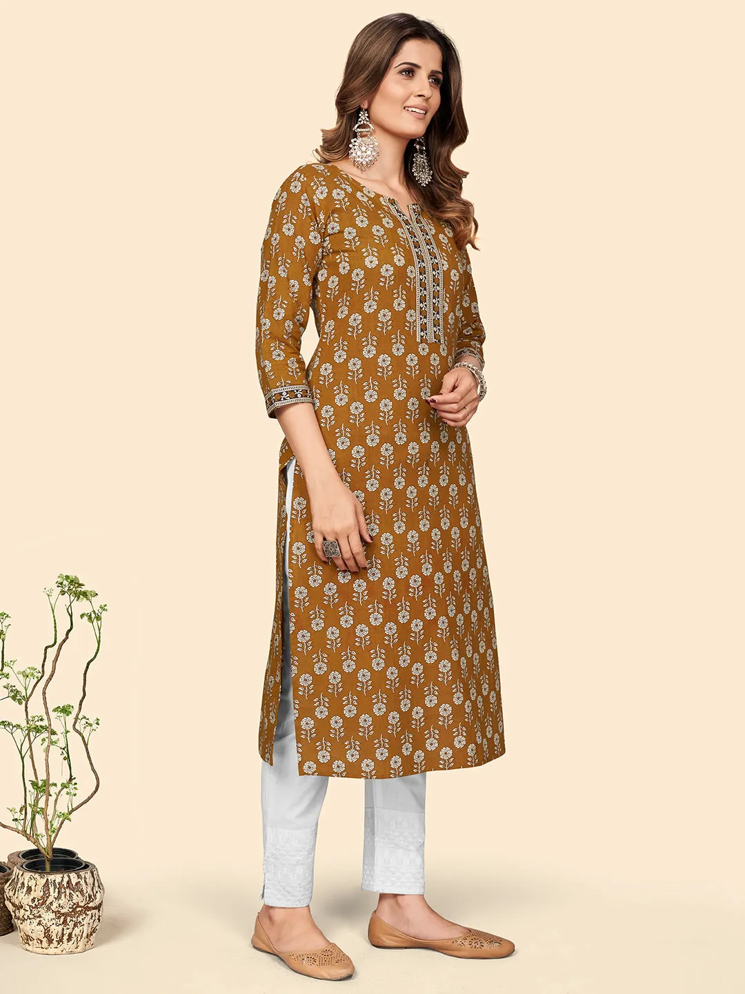 Women'S Floral Print Straight Cotton Mustard Stitched Kurta