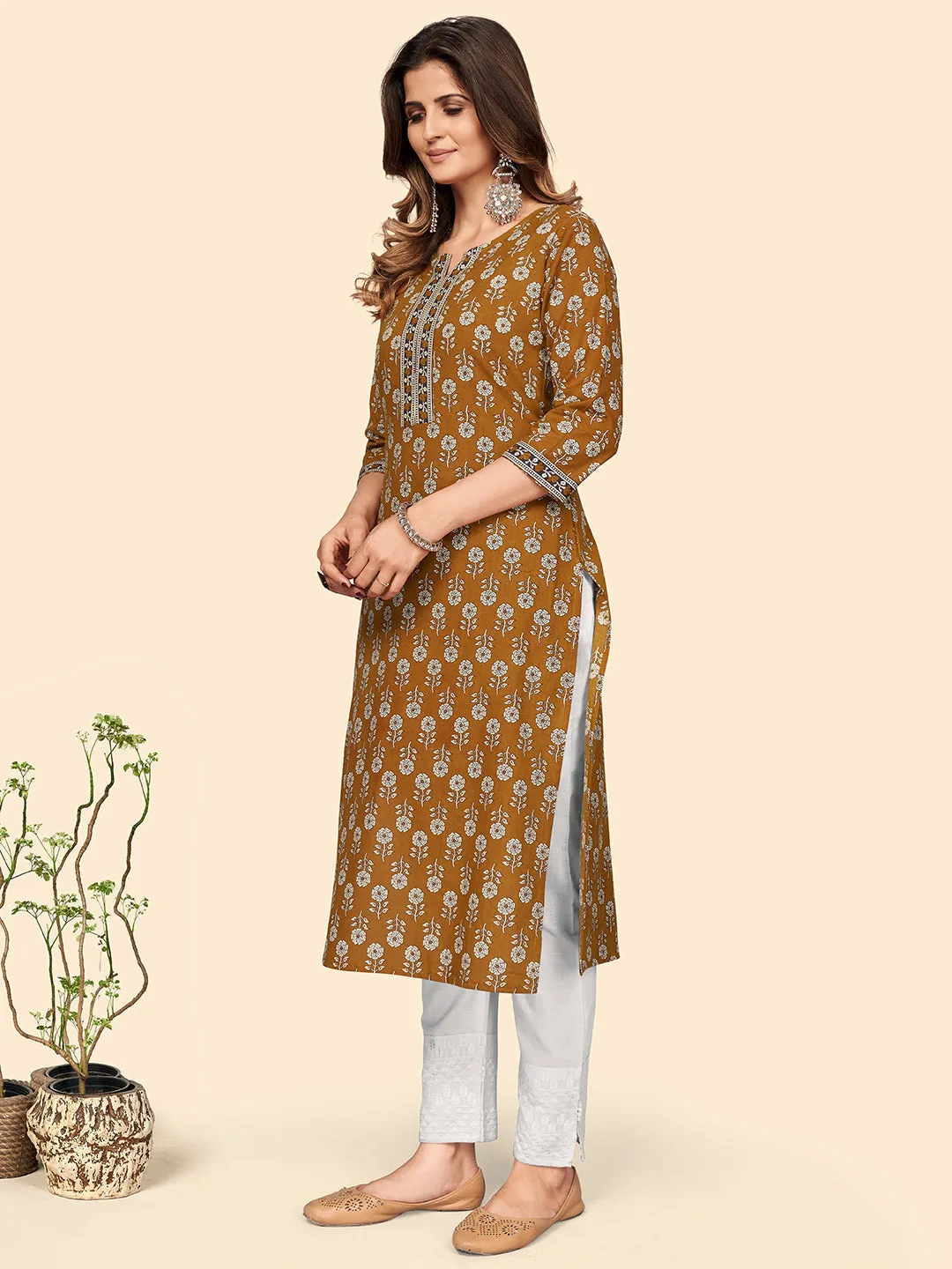 Women'S Floral Print Straight Cotton Mustard Stitched Kurta