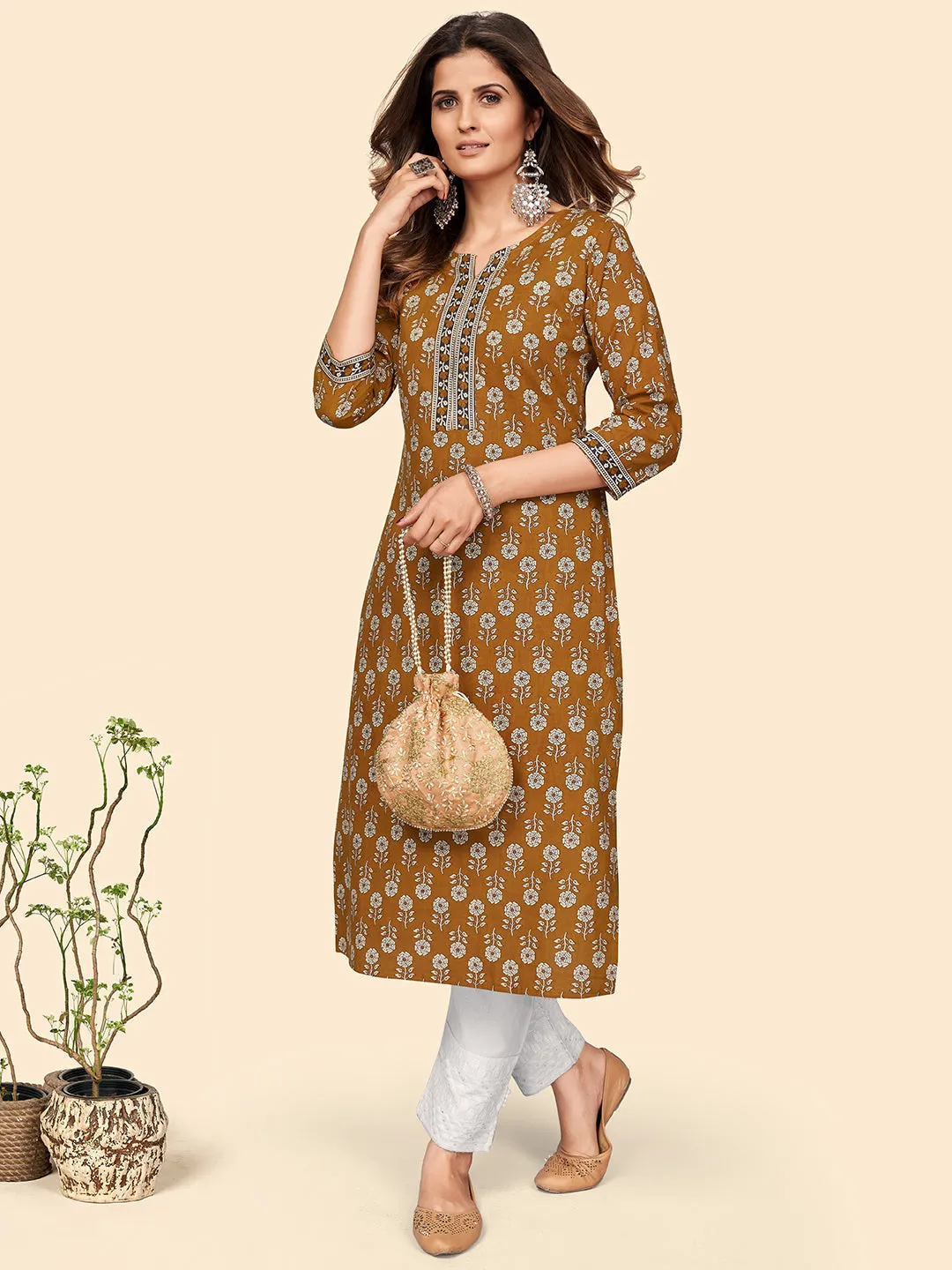 Women'S Floral Print Straight Cotton Mustard Stitched Kurta