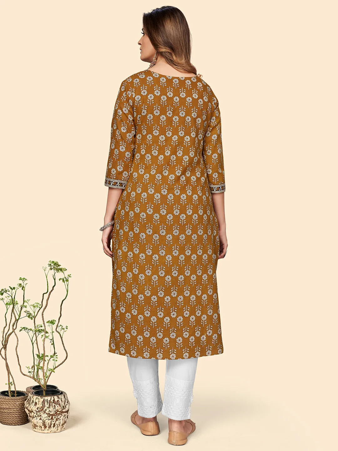 Women'S Floral Print Straight Cotton Mustard Stitched Kurta