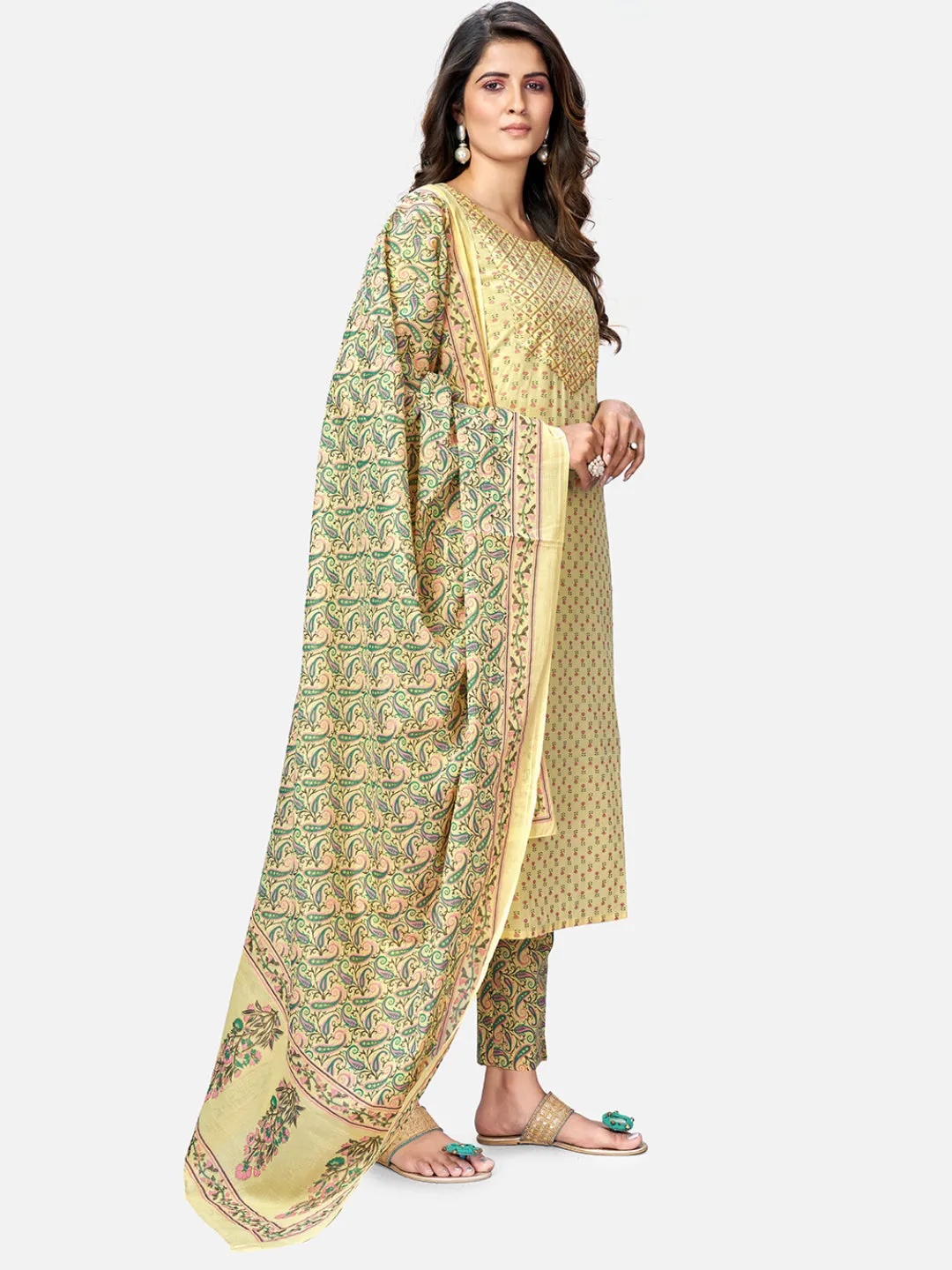 Women'S Foil Print & Gota Patti Work Straight Cotton Yellow Kurta Pant With Dupatta