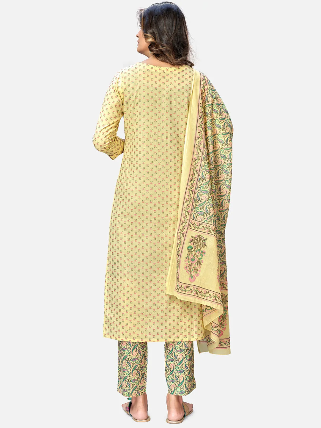 Women'S Foil Print & Gota Patti Work Straight Cotton Yellow Kurta Pant With Dupatta