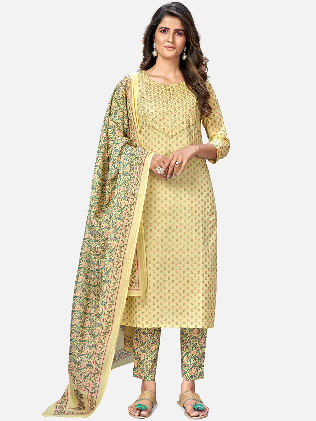 Women'S Foil Print & Gota Patti Work Straight Cotton Yellow Kurta Pant With Dupatta