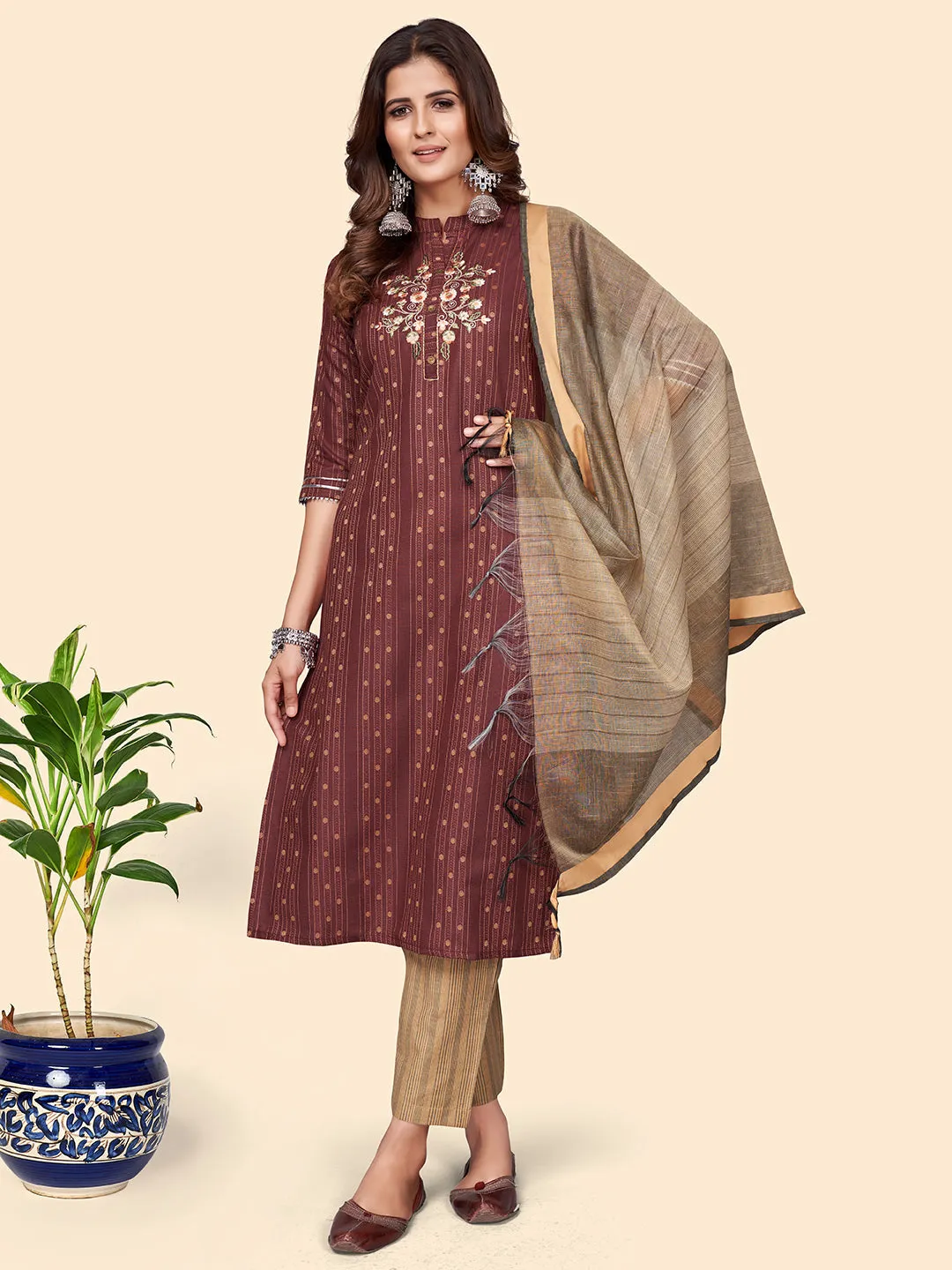 Women'S Print & Embroidered Straight Cotton Blend Maroon Stitched Kurta Pant With Dupatta