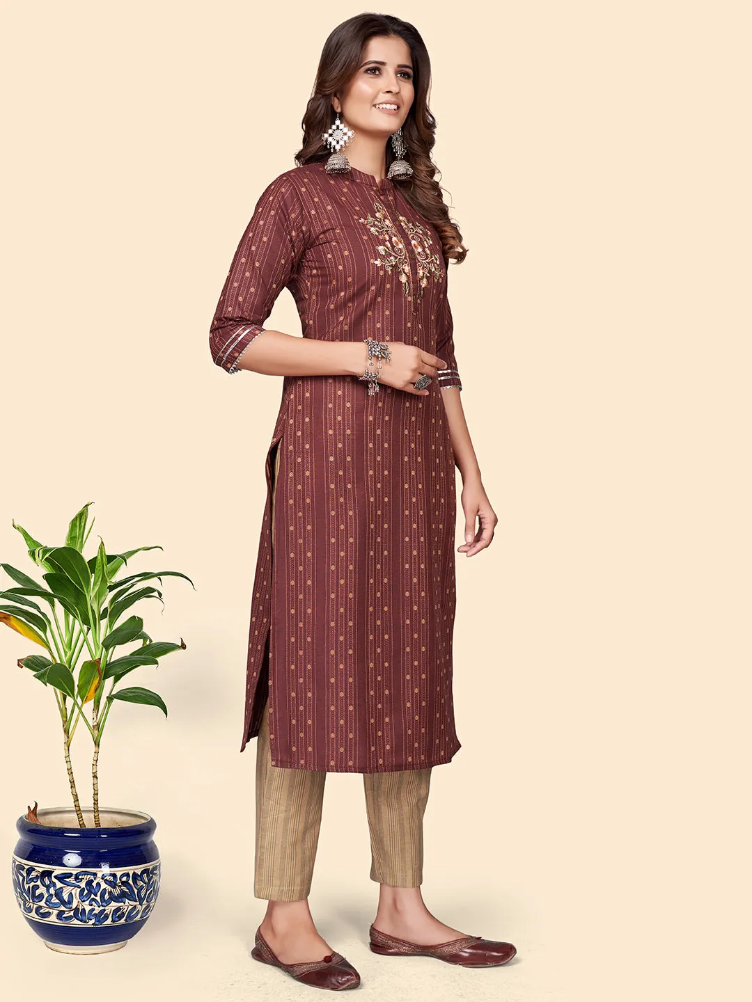 Women'S Print & Embroidered Straight Cotton Blend Maroon Stitched Kurta Pant With Dupatta