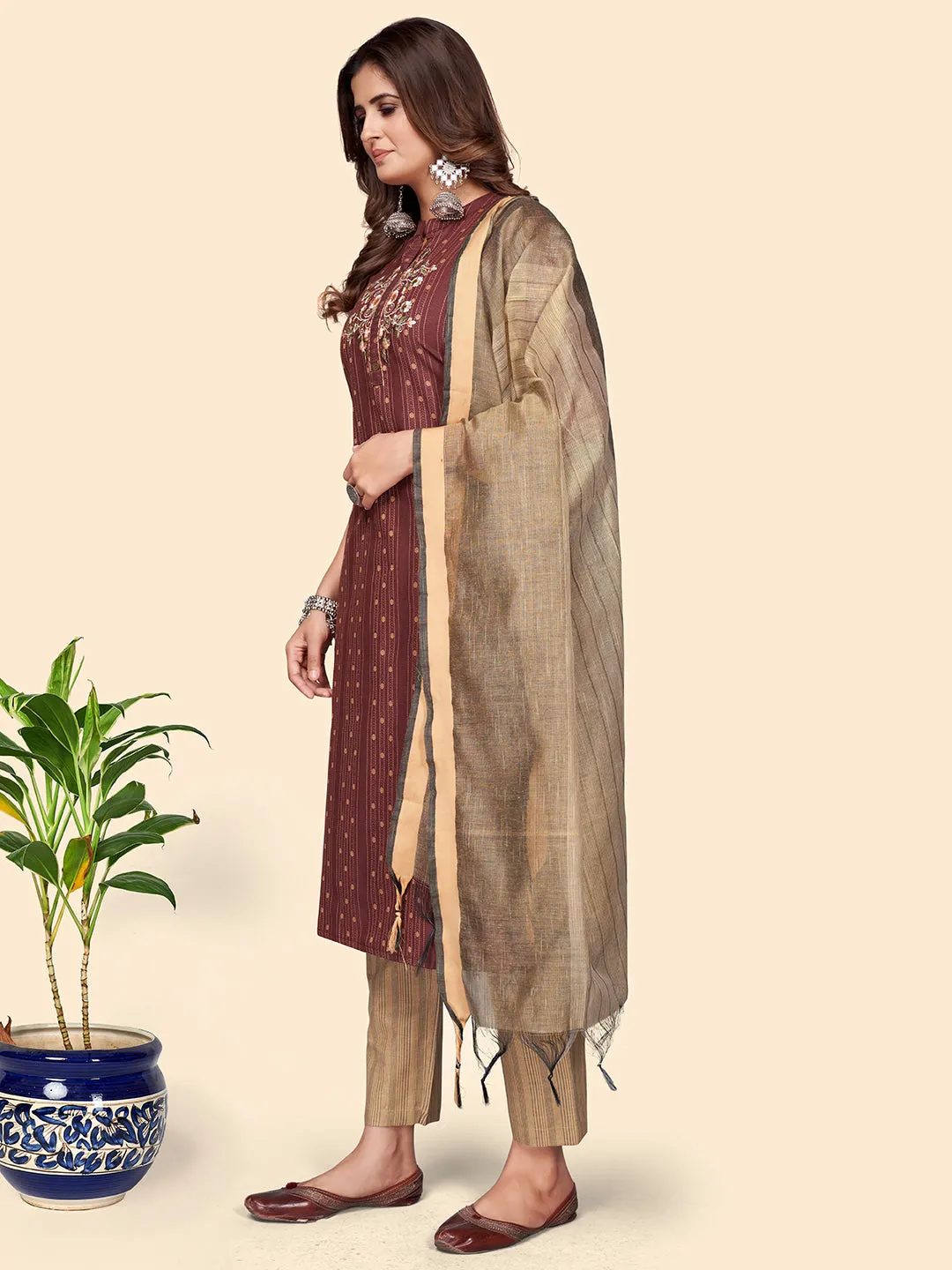 Women'S Print & Embroidered Straight Cotton Blend Maroon Stitched Kurta Pant With Dupatta