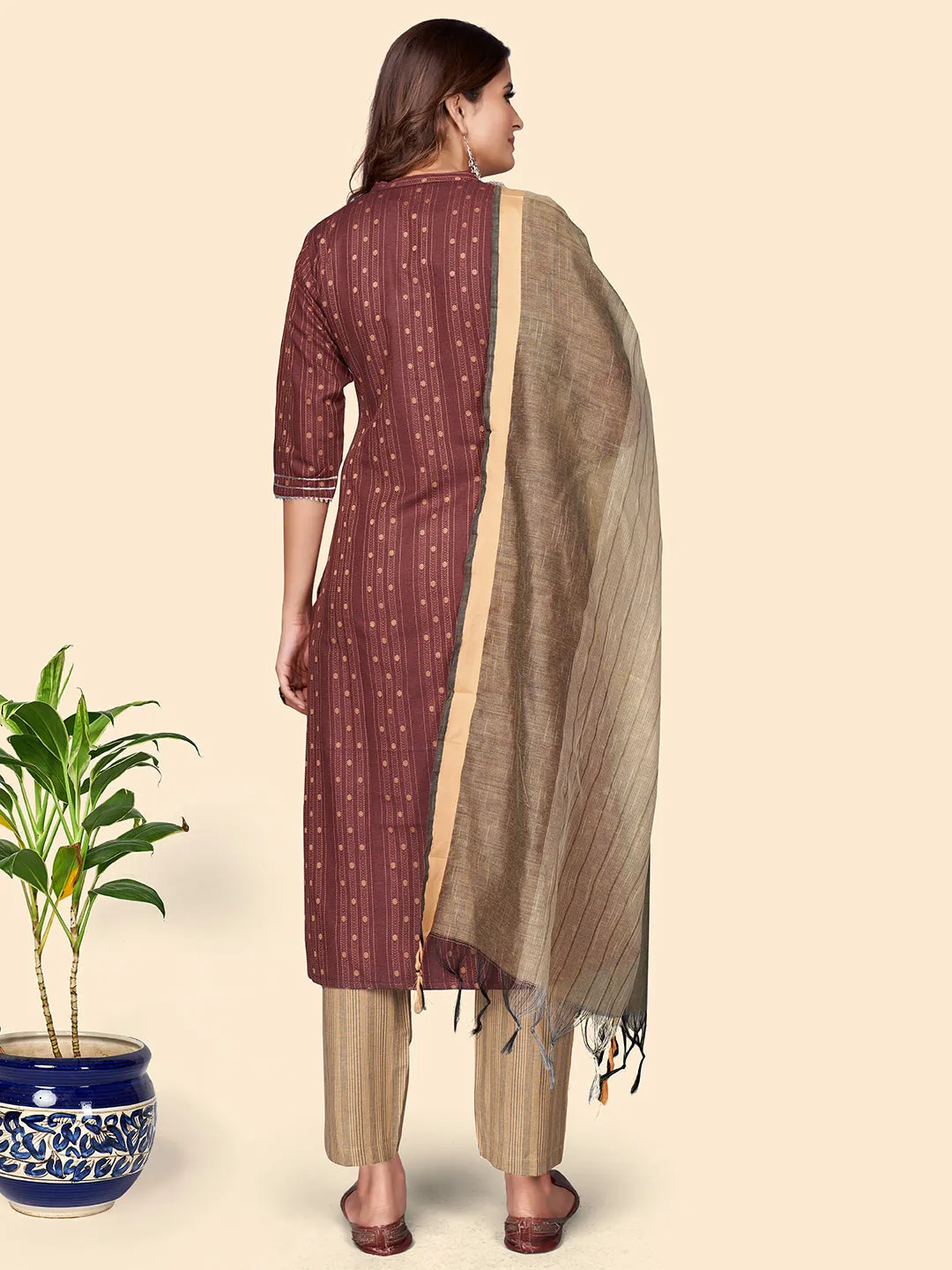 Women'S Print & Embroidered Straight Cotton Blend Maroon Stitched Kurta Pant With Dupatta