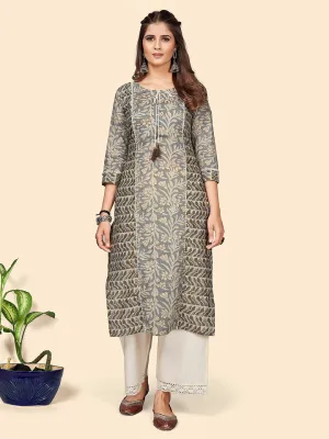 Women'S Print & Hand Work Straight Cotton Grey Stitched Kurta