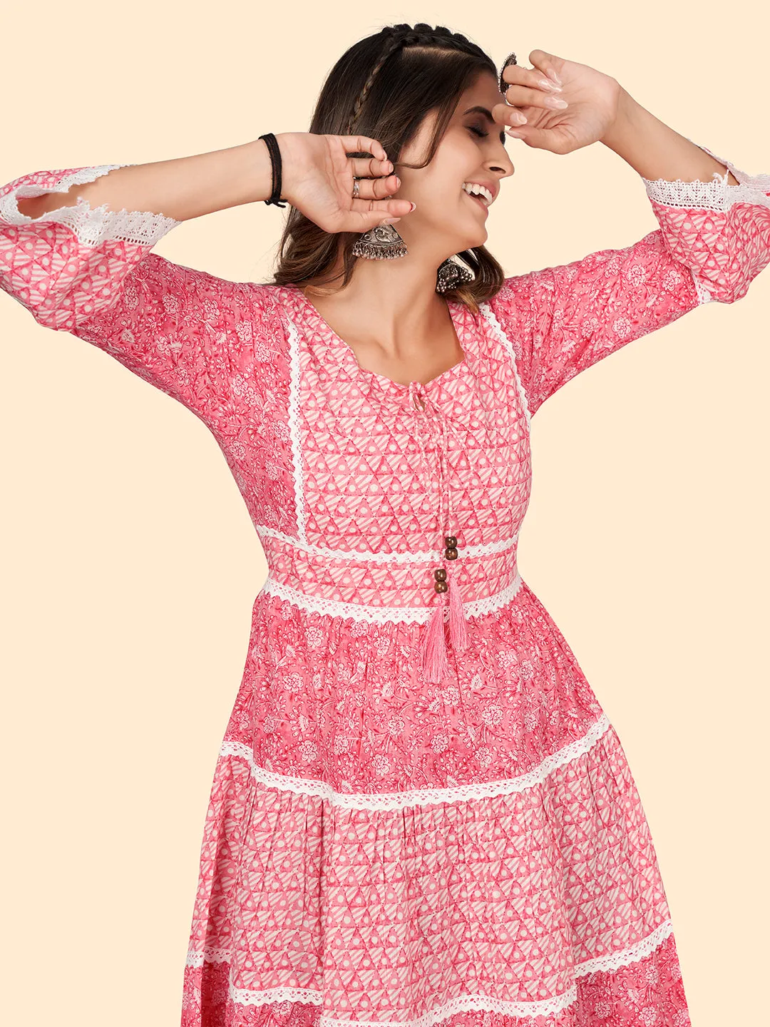 Women'S Print & Lace Work Flared Cotton Pink Stitched Dress