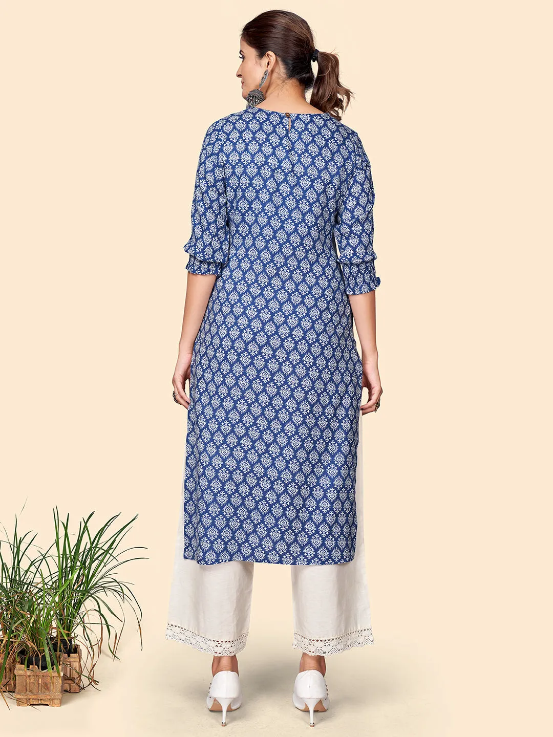 Women'S Print & Mirror Work Straight Cotton Blue Stitched Kurta