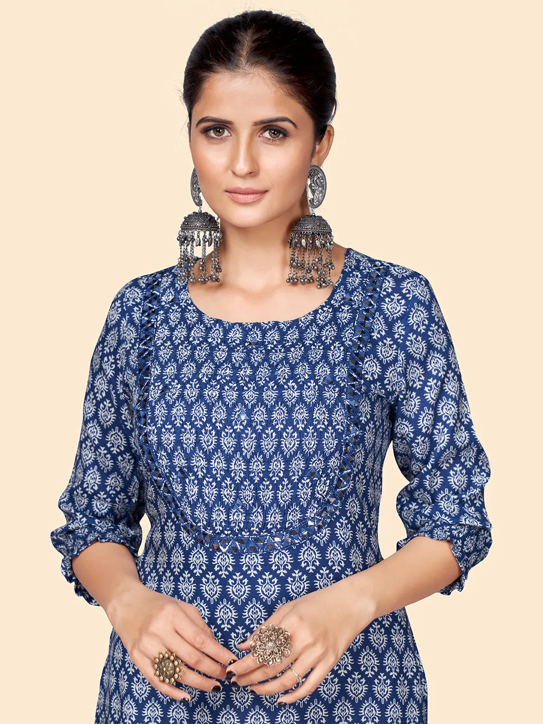 Women'S Print & Mirror Work Straight Cotton Blue Stitched Kurta