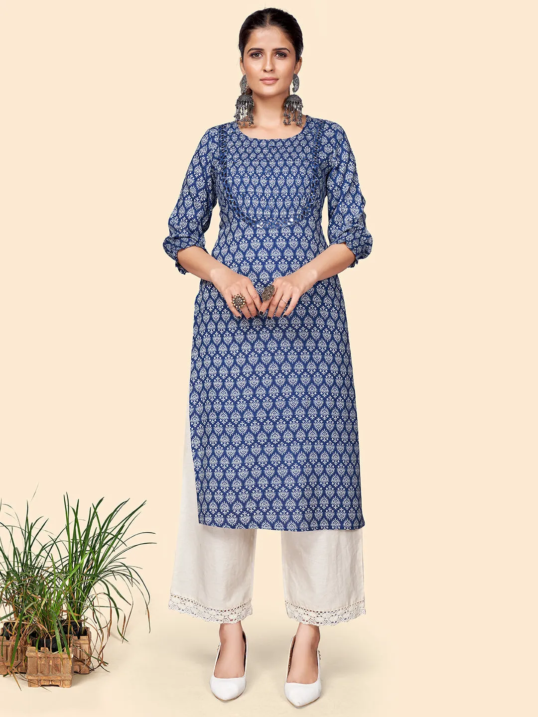 Women'S Print & Mirror Work Straight Cotton Blue Stitched Kurta