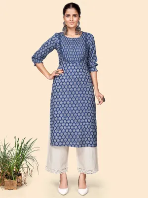 Women'S Print & Mirror Work Straight Cotton Blue Stitched Kurta