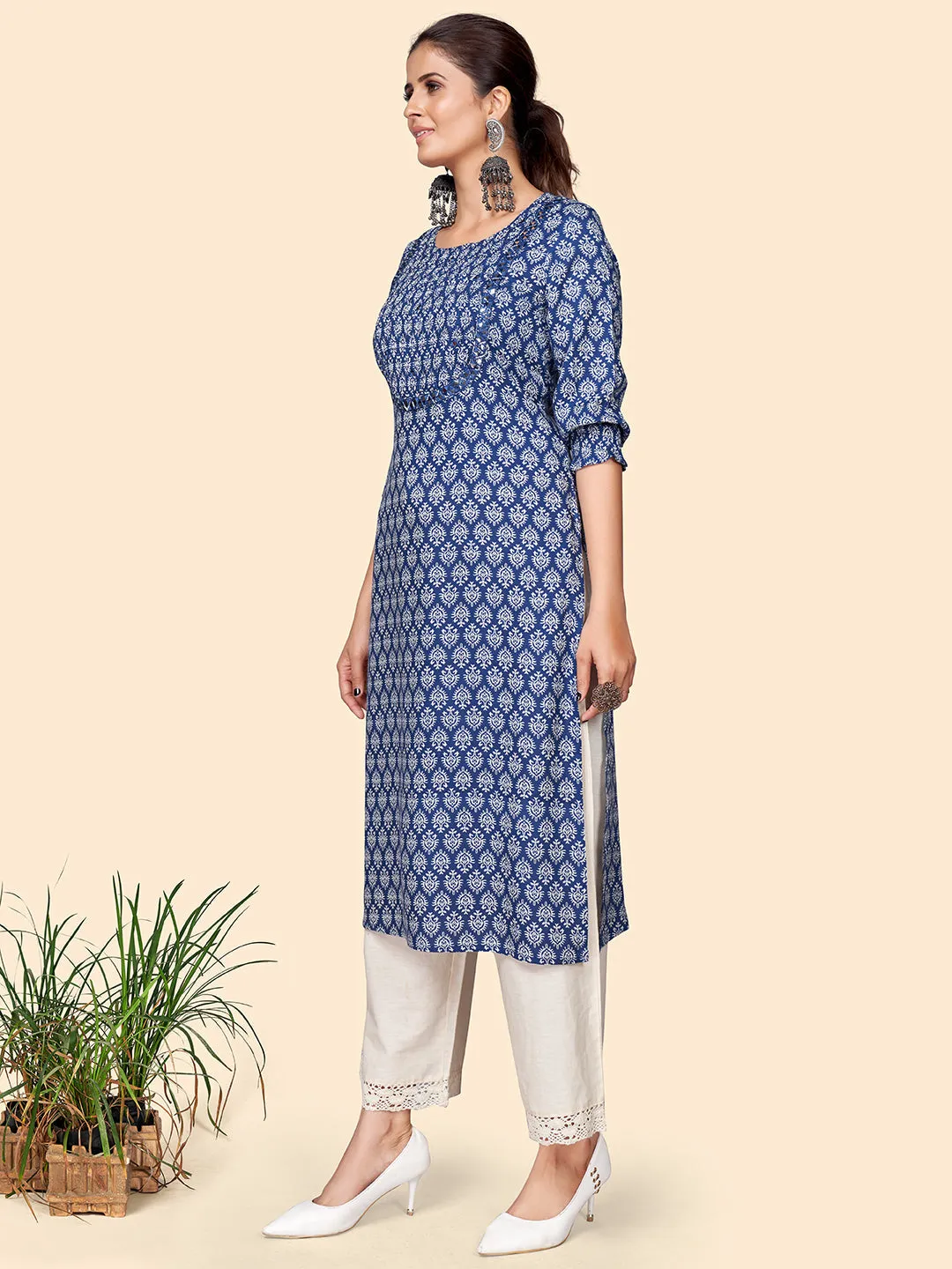 Women'S Print & Mirror Work Straight Cotton Blue Stitched Kurta