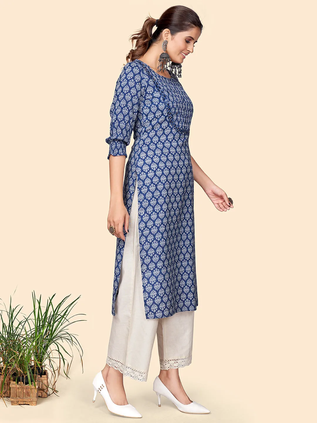 Women'S Print & Mirror Work Straight Cotton Blue Stitched Kurta