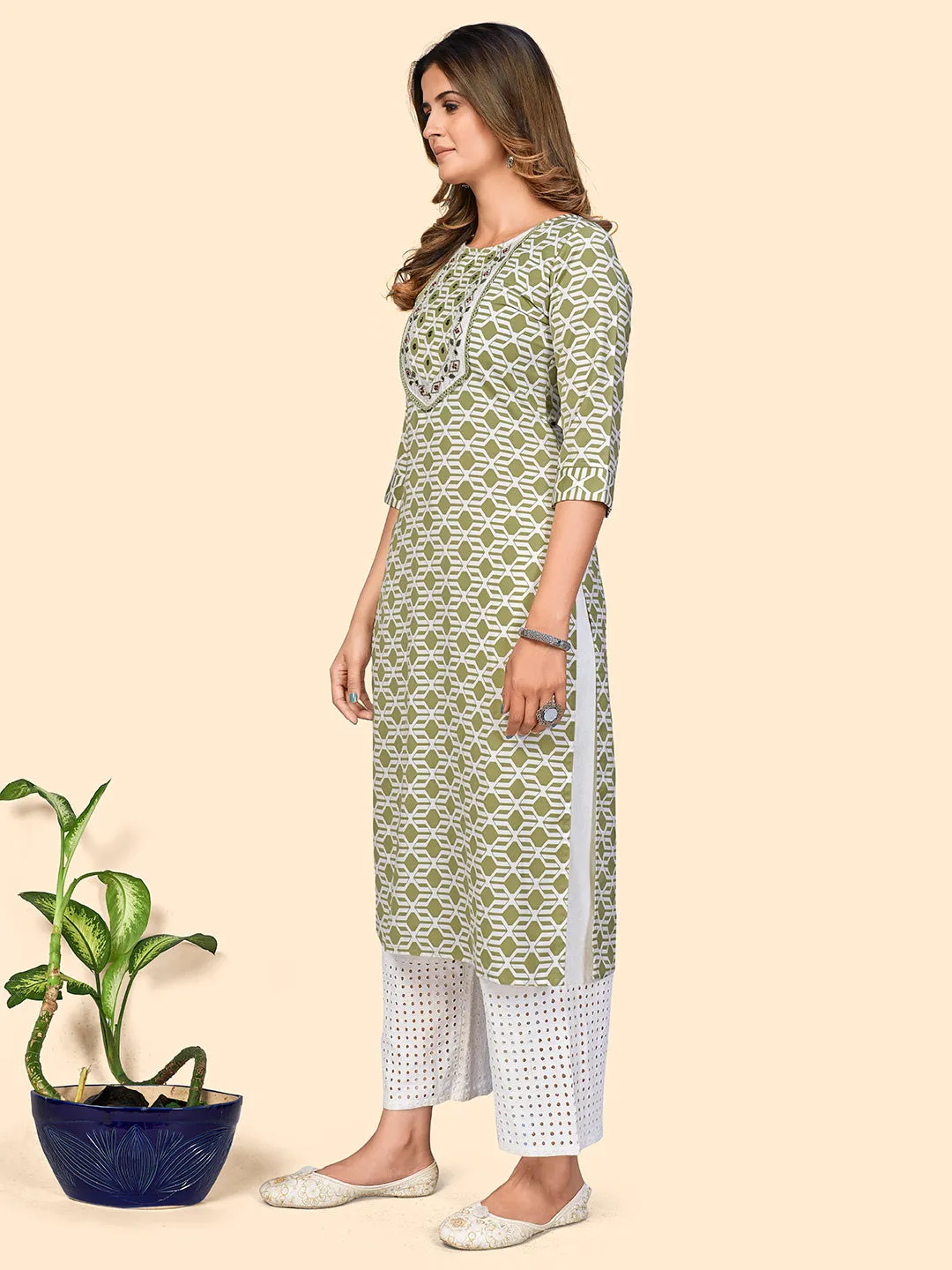 Women'S Print & Mirror Work Straight Viscose Pista Stitched Kurta