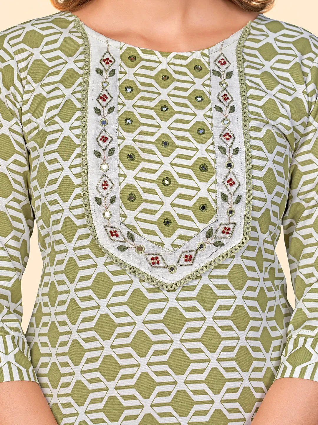 Women'S Print & Mirror Work Straight Viscose Pista Stitched Kurta