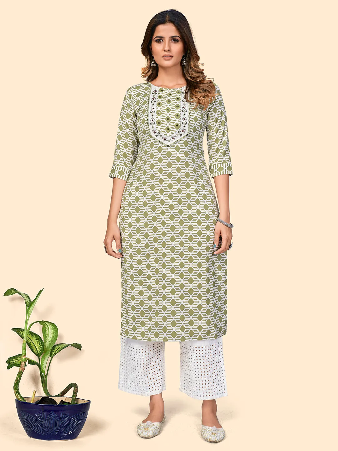 Women'S Print & Mirror Work Straight Viscose Pista Stitched Kurta