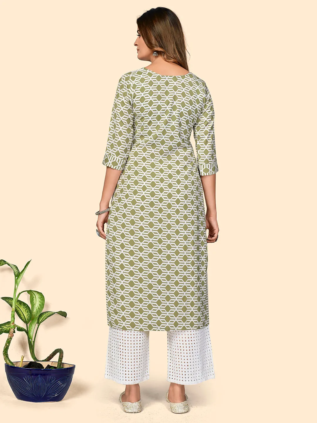 Women'S Print & Mirror Work Straight Viscose Pista Stitched Kurta