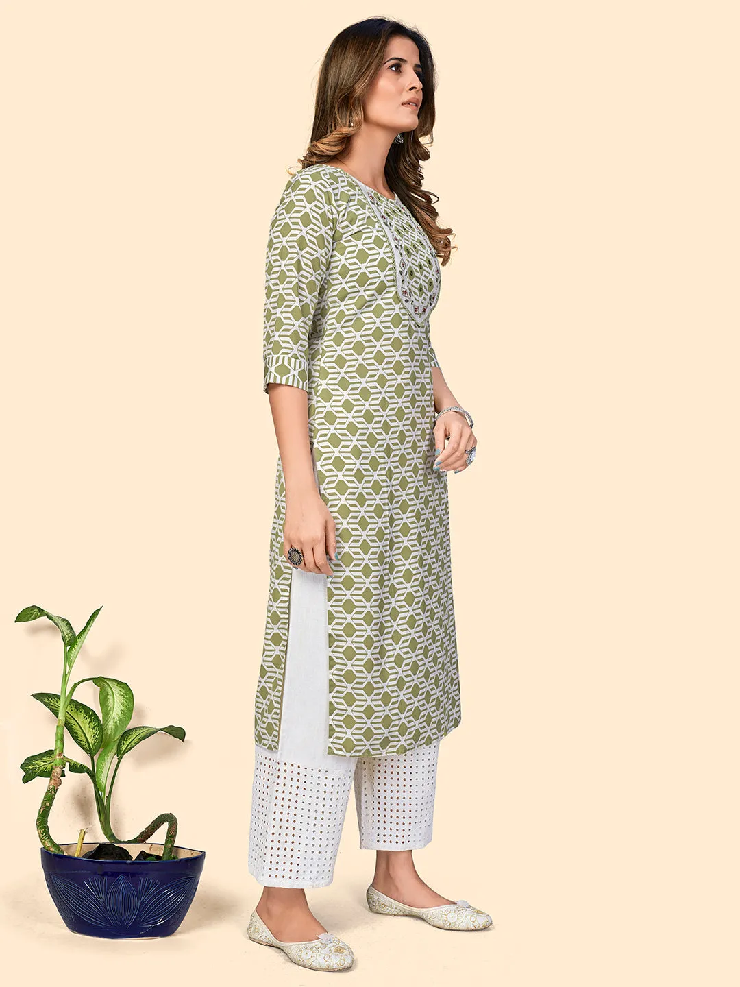 Women'S Print & Mirror Work Straight Viscose Pista Stitched Kurta