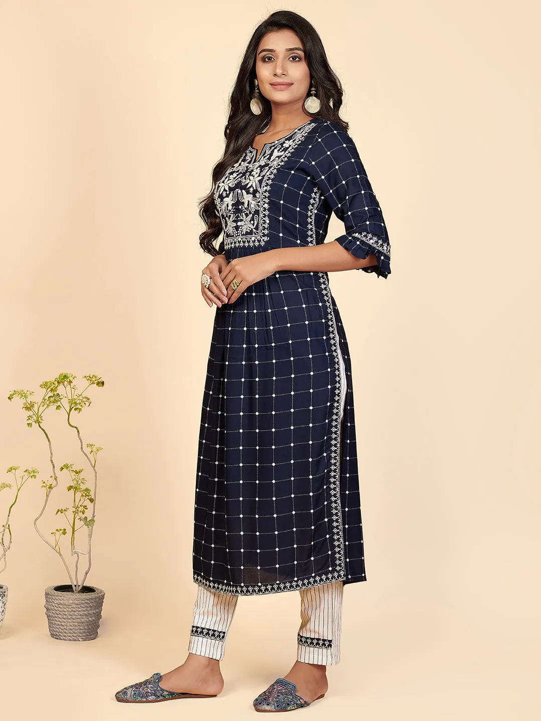 Women'S Printed & Embroidered A-Line With Side Slit Rayon Blue Stitched Kurta With Pant