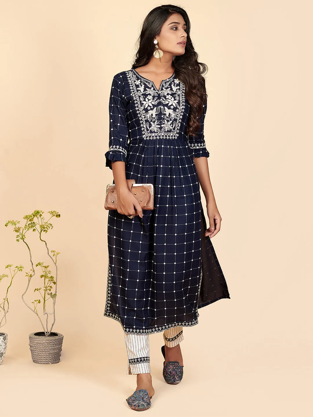 Women'S Printed & Embroidered A-Line With Side Slit Rayon Blue Stitched Kurta With Pant