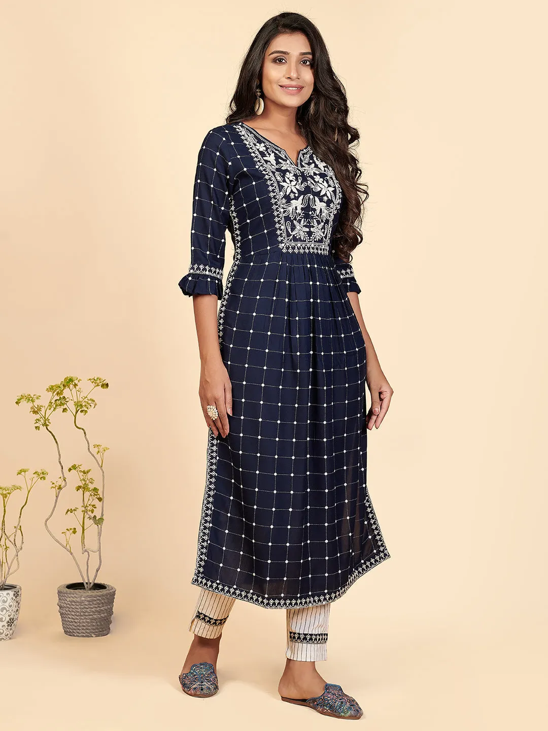 Women'S Printed & Embroidered A-Line With Side Slit Rayon Blue Stitched Kurta With Pant