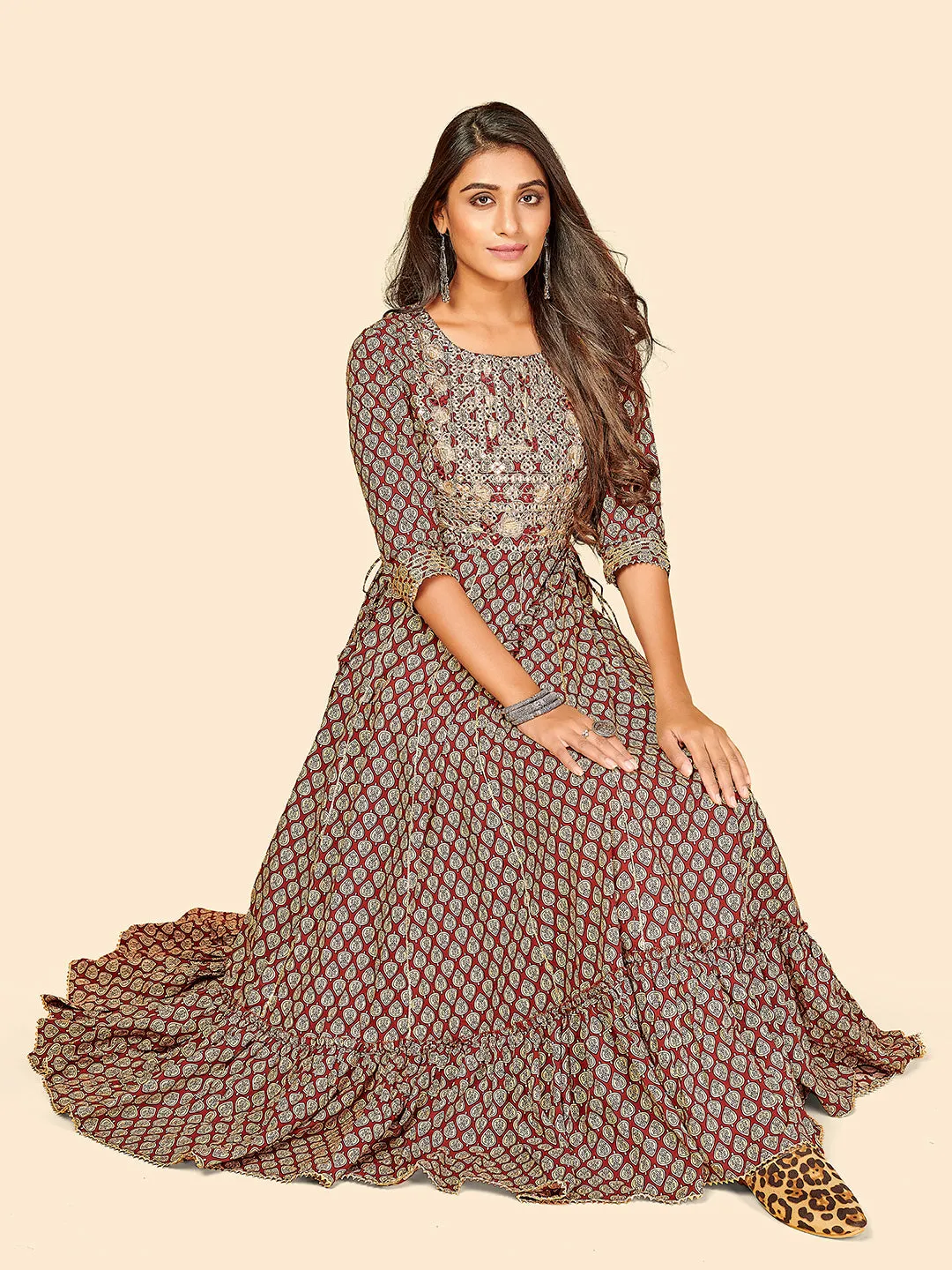 Women'S Printed & Embroidered Anarkali Cotton Marron Stitched Kurta