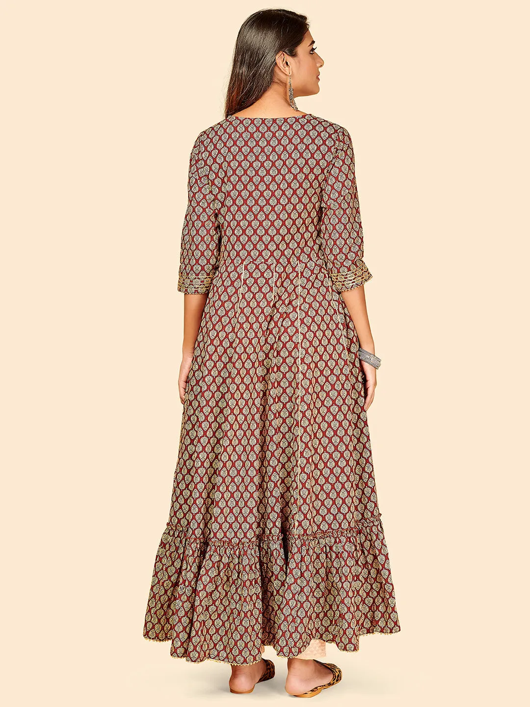 Women'S Printed & Embroidered Anarkali Cotton Marron Stitched Kurta