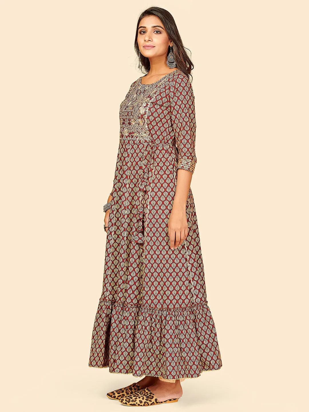 Women'S Printed & Embroidered Anarkali Cotton Marron Stitched Kurta