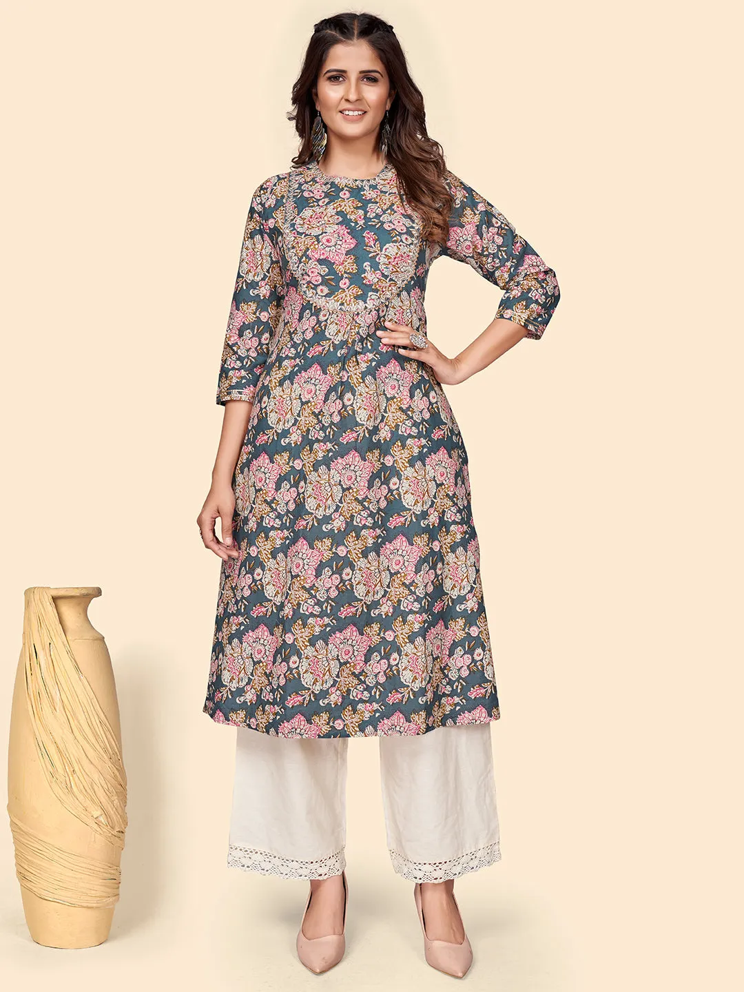 Women'S Printed & Embroidered Straight Cotton Blue Stitched Kurta