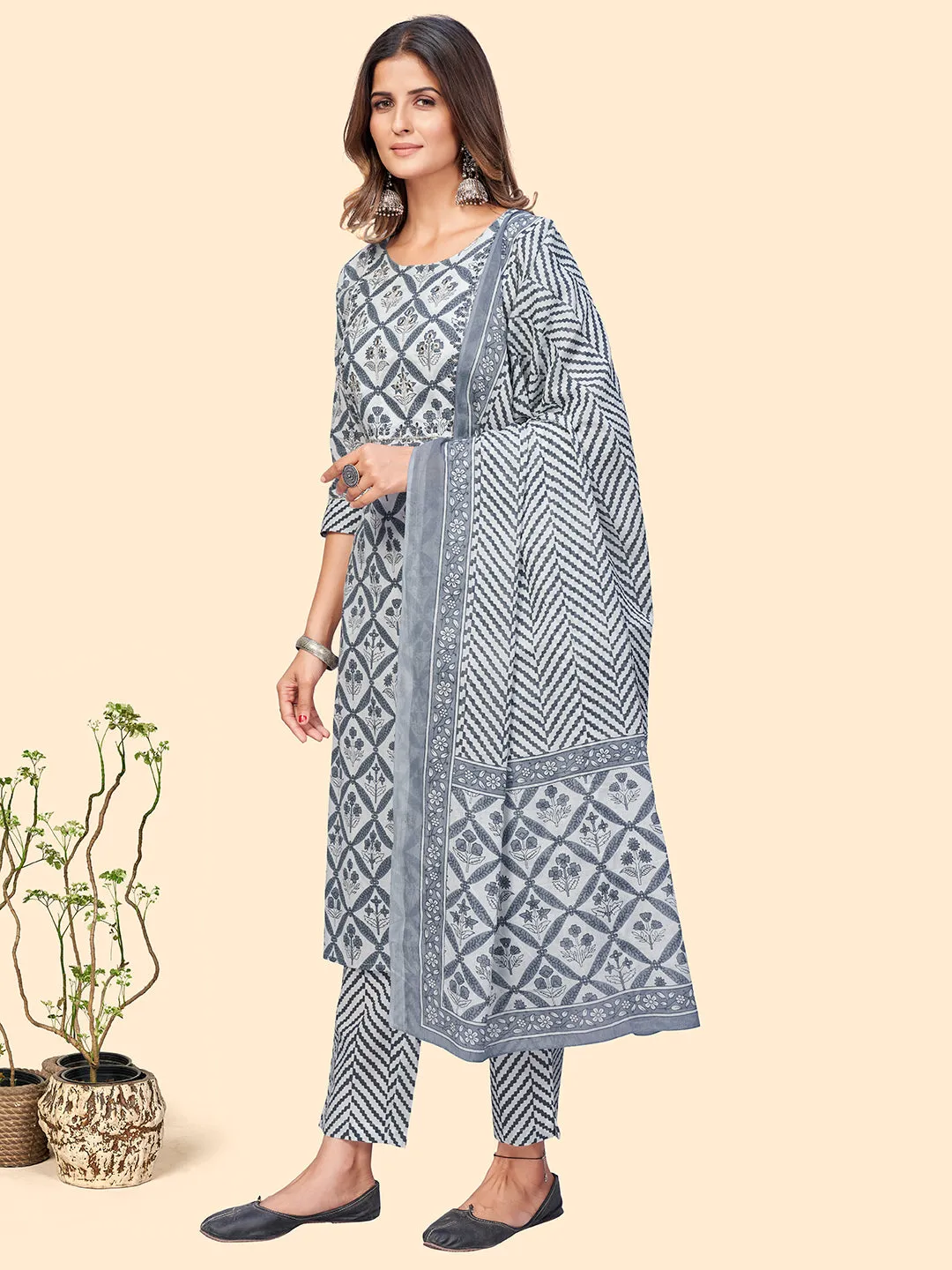 Women'S Printed & Embroidered Straight Cotton Navy Blue Stitched Kurta Pant With Dupatta