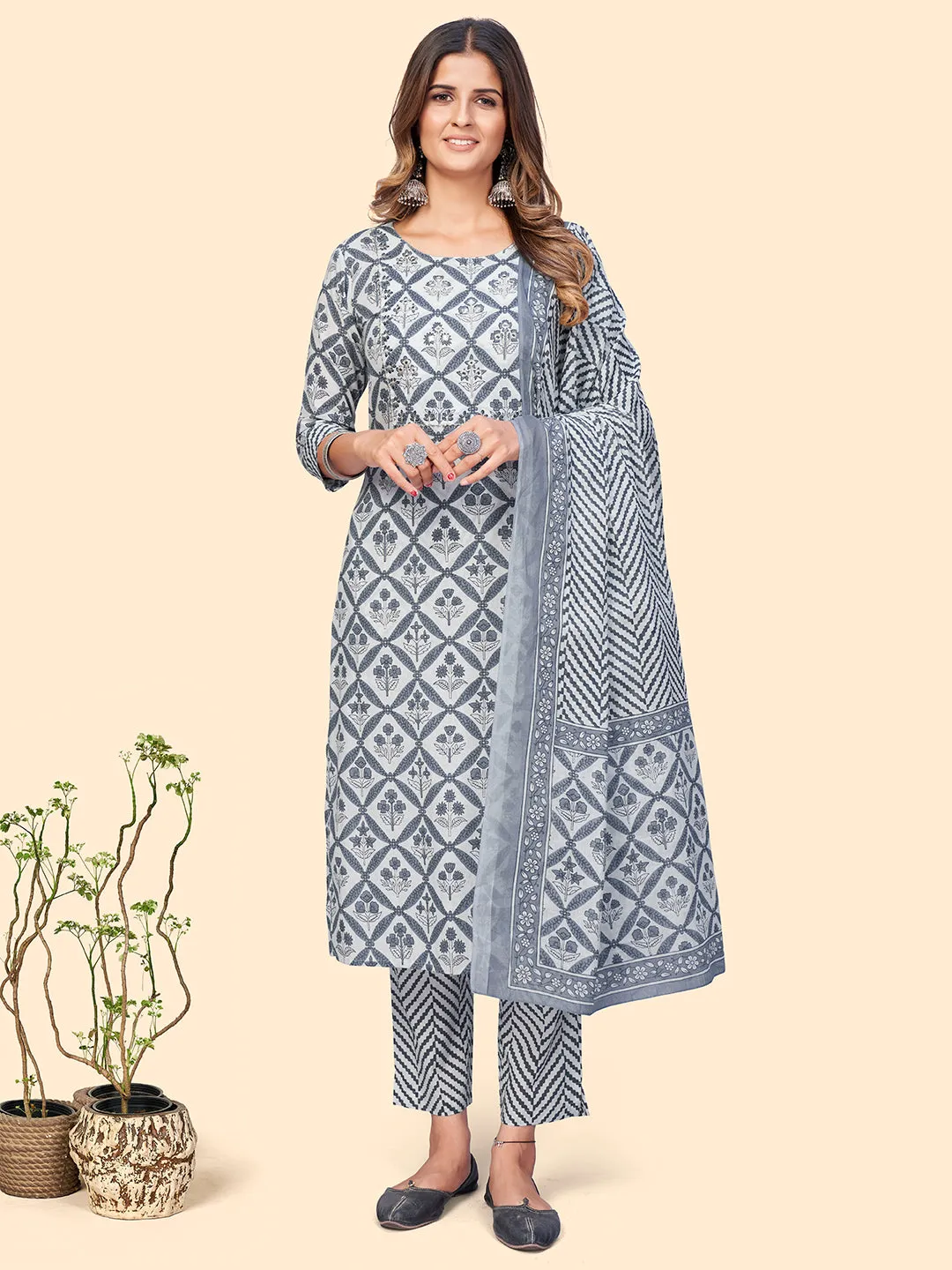 Women'S Printed & Embroidered Straight Cotton Navy Blue Stitched Kurta Pant With Dupatta