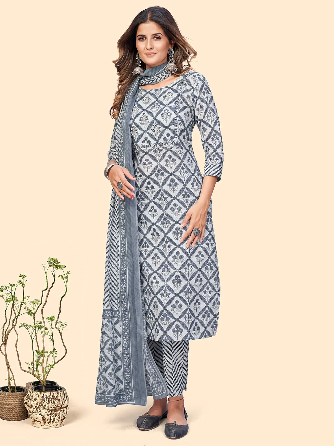 Women'S Printed & Embroidered Straight Cotton Navy Blue Stitched Kurta Pant With Dupatta