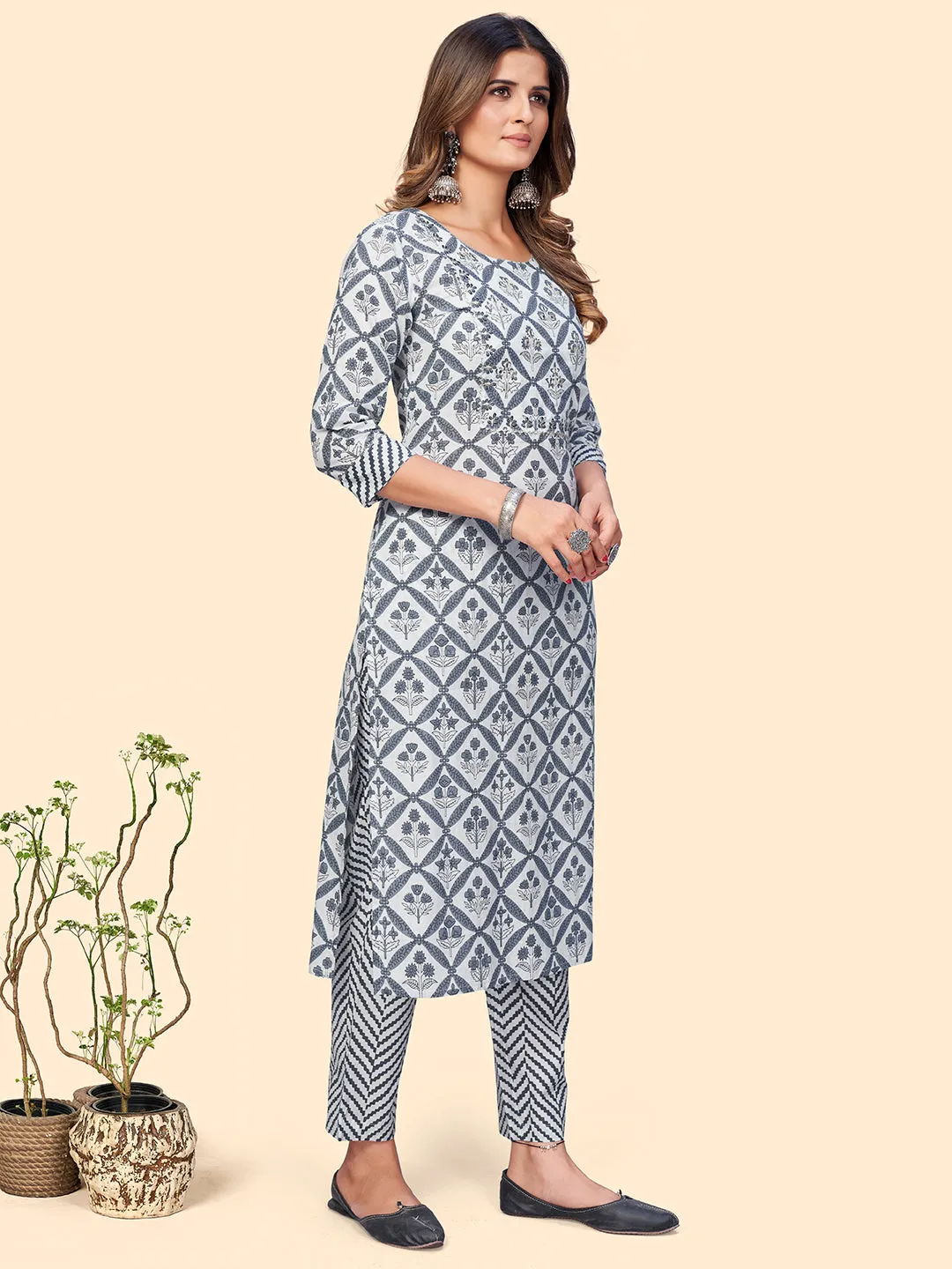 Women'S Printed & Embroidered Straight Cotton Navy Blue Stitched Kurta Pant With Dupatta