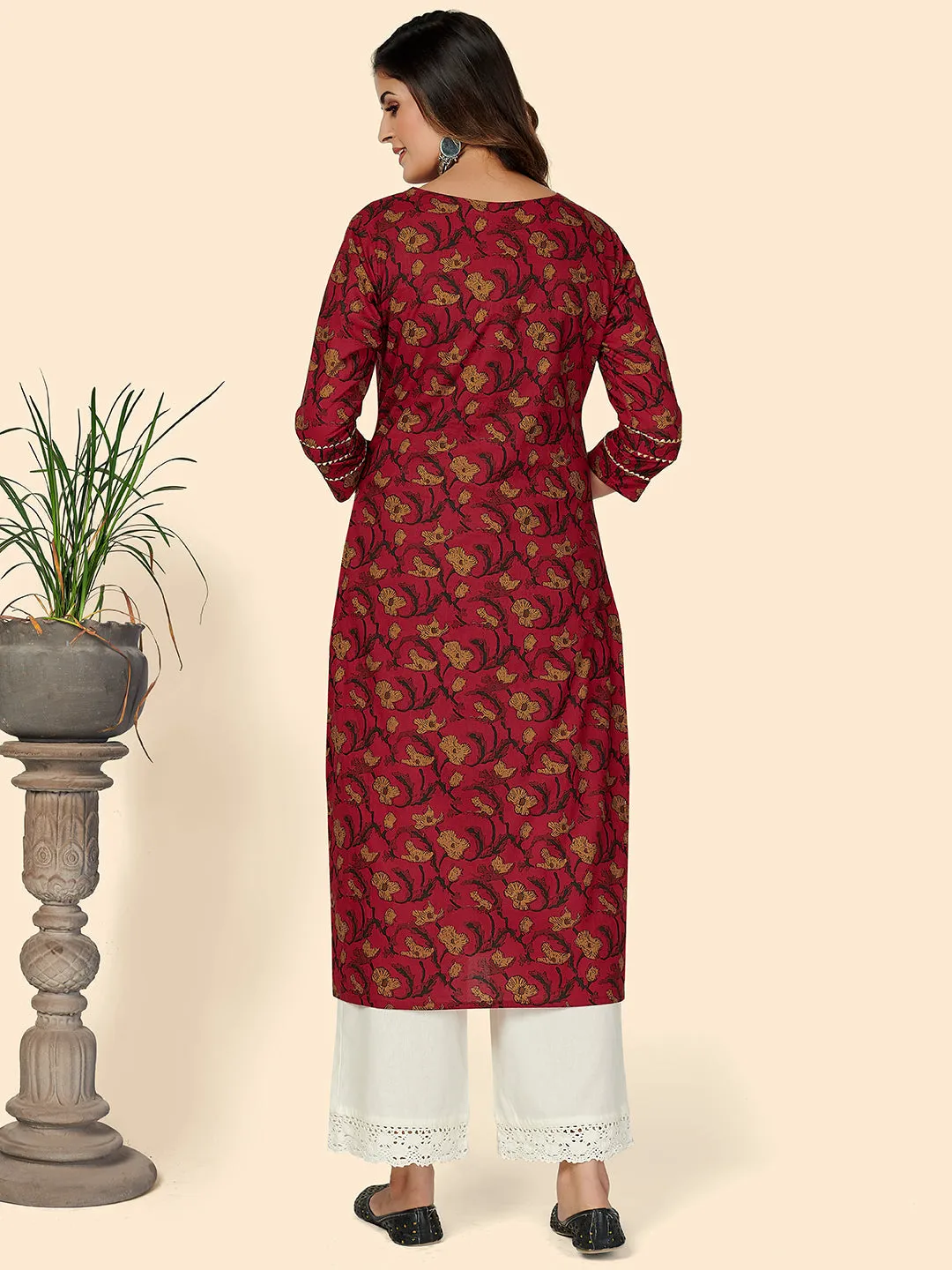 Women'S Printed & Embroidered Straight Cotton Red Stitched Kurta