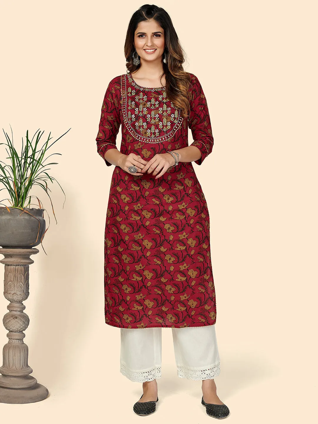 Women'S Printed & Embroidered Straight Cotton Red Stitched Kurta