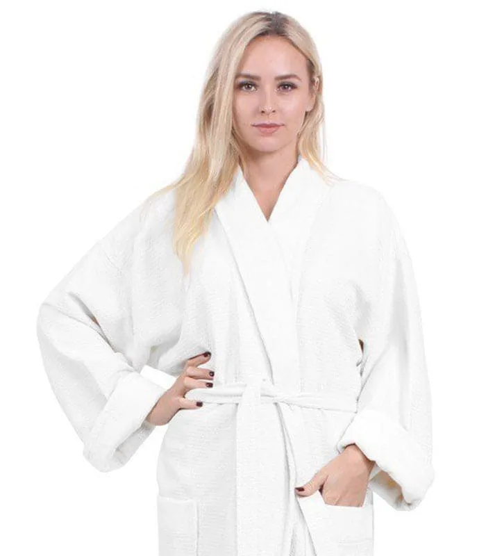 Women's Waffle Long Bathrobe, Velour Cotton Turkish Shawl Robe, Softness & Fast Dry (White)