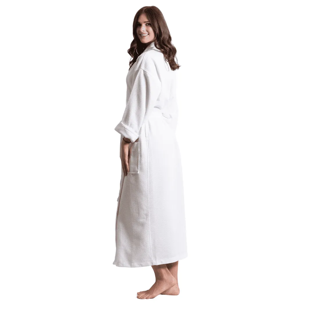 Women's Waffle Long Bathrobe, Velour Cotton Turkish Shawl Robe, Softness & Fast Dry (White)