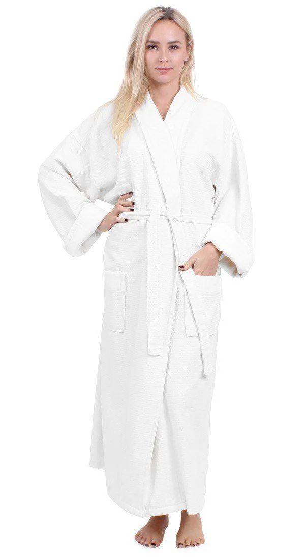 Women's Waffle Long Bathrobe, Velour Cotton Turkish Shawl Robe, Softness & Fast Dry (White)